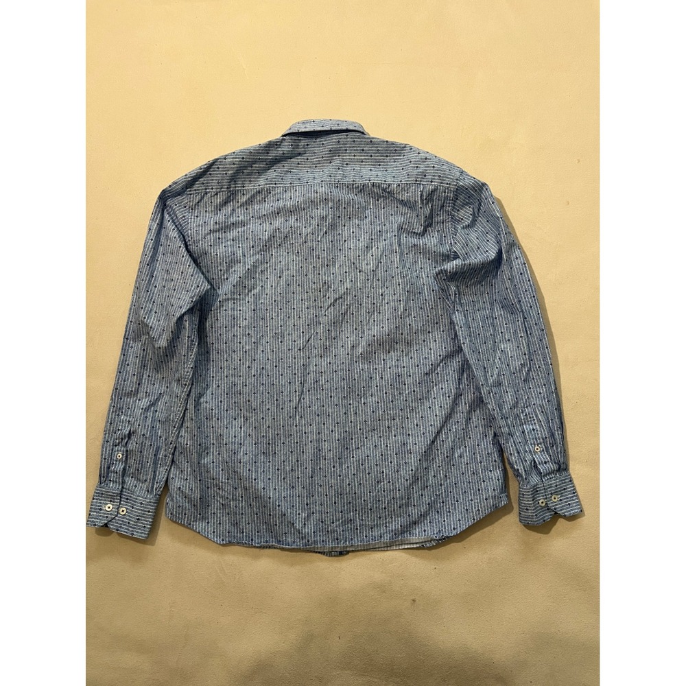 BUGATCHI Men's Shaped Fit Blue Striped Micro Dot Dress Shirt Long Sleeve Cotton - Picture 12 of 12